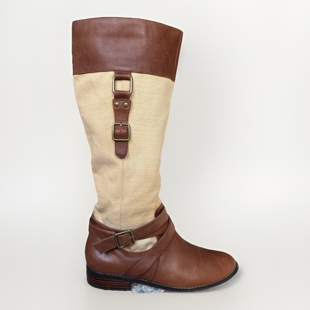Anthropologie Women Leather Canvas Tall Riding Boots Size 7.5 Equestrian Harness